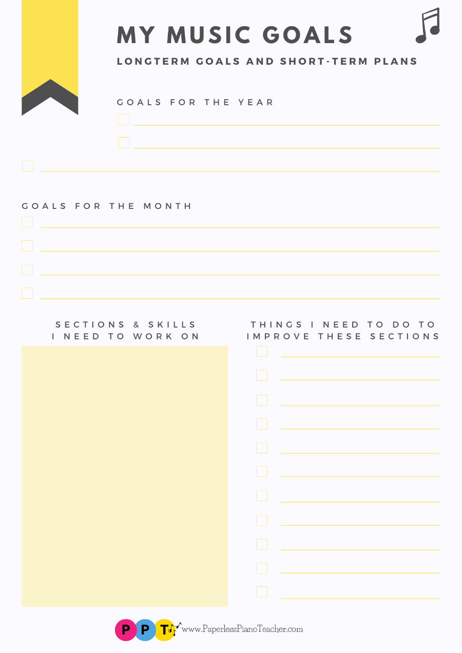 My Music Goals — practice planning sheet with long-term goals, monthly goals, and sections to work on
